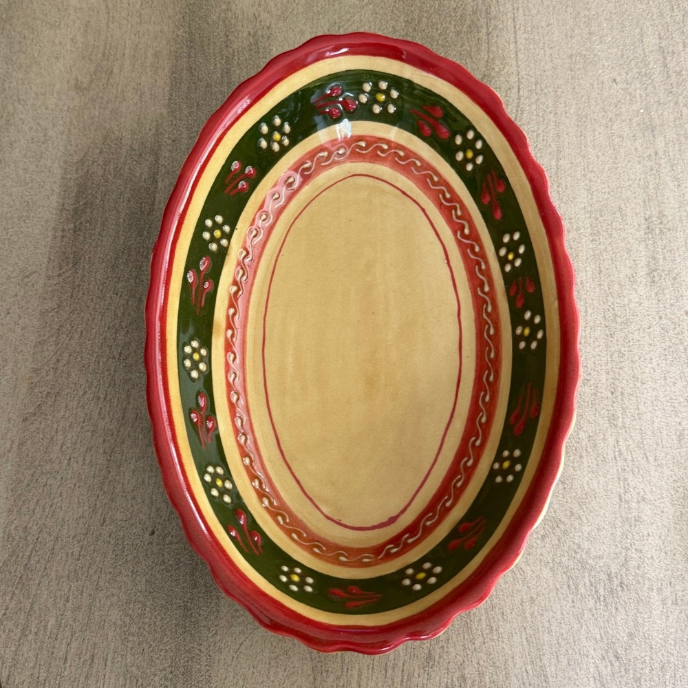 Hand Painted Ceramic Oval Serving Bowl Scalloped Rim Floral Folk Art Red Green